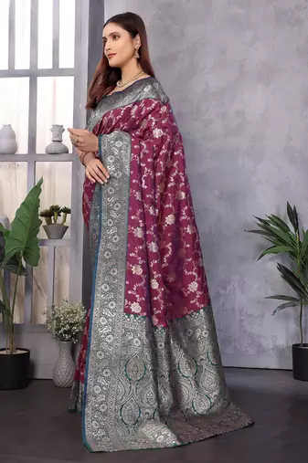 Magenta silk blend zari zaal weaving banarasi saree with contrast blouse