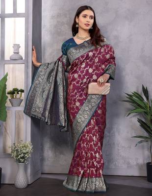 Magenta silk blend zari zaal weaving banarasi saree with contrast blouse 3