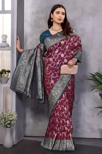 Magenta silk blend zari zaal weaving banarasi saree with contrast blouse