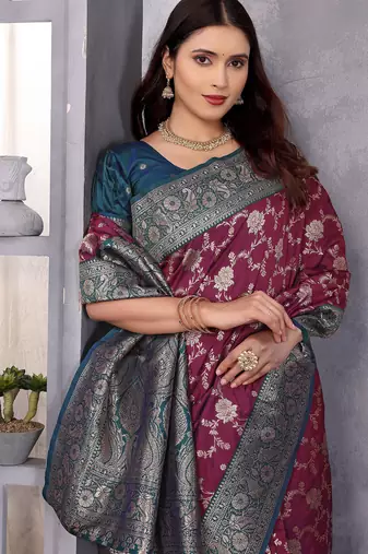 Magenta silk blend zari zaal weaving banarasi saree with contrast blouse