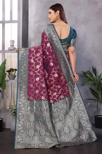 Magenta silk blend zari zaal weaving banarasi saree with contrast blouse