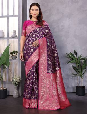 Wine silk blend zari zaal weaving banarasi saree with contrast blouse 1