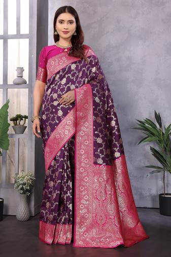 Wine silk blend zari zaal weaving banarasi saree with contrast blouse
