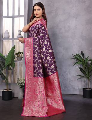 Wine silk blend zari zaal weaving banarasi saree with contrast blouse 2