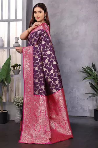 Wine silk blend zari zaal weaving banarasi saree with contrast blouse