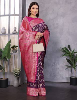 Wine silk blend zari zaal weaving banarasi saree with contrast blouse 3