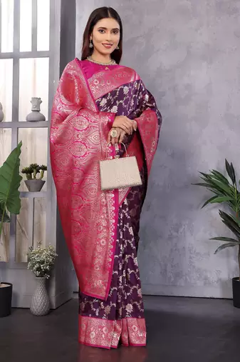 Wine silk blend zari zaal weaving banarasi saree with contrast blouse