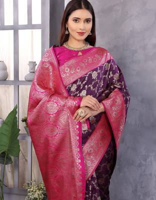Wine silk blend zari zaal weaving banarasi saree with contrast blouse 4