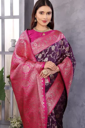 Wine silk blend zari zaal weaving banarasi saree with contrast blouse