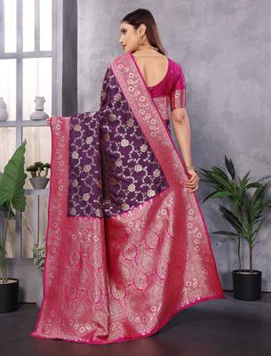 Wine silk blend zari zaal weaving banarasi saree with contrast blouse 5