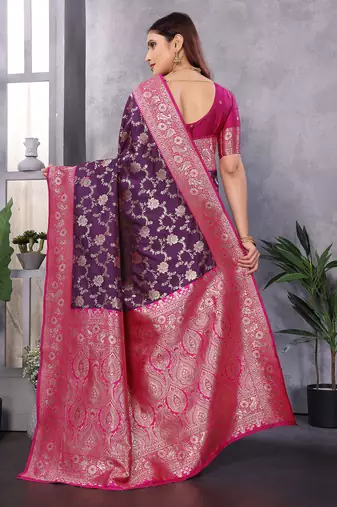 Wine silk blend zari zaal weaving banarasi saree with contrast blouse
