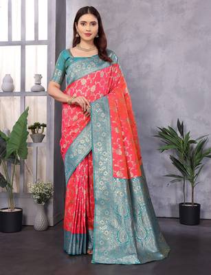 Peach silk blend zari zaal weaving banarasi saree with contrast blouse 1