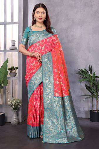 Peach silk blend zari zaal weaving banarasi saree with contrast blouse
