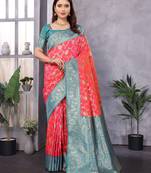 Peach silk blend zari zaal weaving banarasi saree with contrast blouse