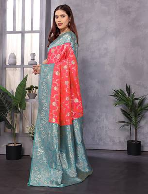 Peach silk blend zari zaal weaving banarasi saree with contrast blouse 2