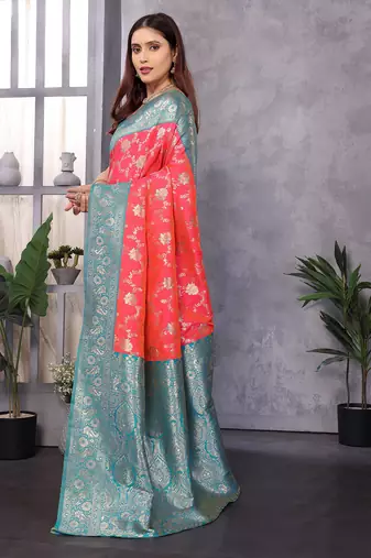 Peach silk blend zari zaal weaving banarasi saree with contrast blouse