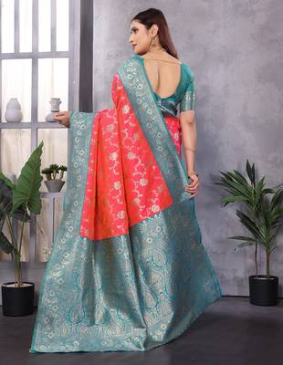 Peach silk blend zari zaal weaving banarasi saree with contrast blouse 3