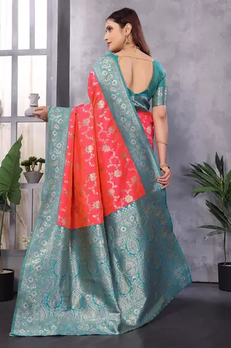 Peach silk blend zari zaal weaving banarasi saree with contrast blouse