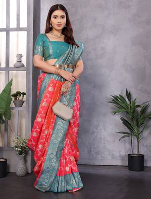 Peach silk blend zari zaal weaving banarasi saree with contrast blouse 4