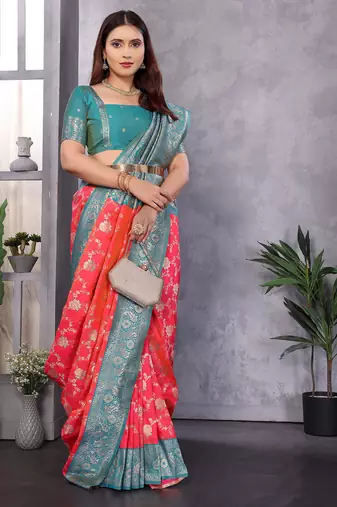 Peach silk blend zari zaal weaving banarasi saree with contrast blouse