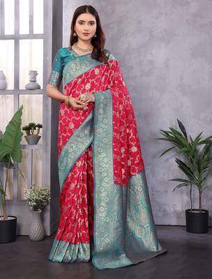 Red silk blend zari zaal weaving banarasi saree with contrast blouse 1