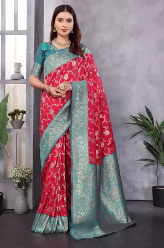 Red silk blend zari zaal weaving banarasi saree with contrast blouse