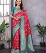 Red silk blend zari zaal weaving banarasi saree with contrast blouse