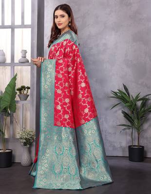 Red silk blend zari zaal weaving banarasi saree with contrast blouse 2