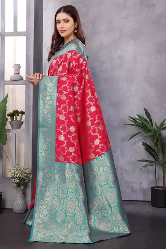 Red silk blend zari zaal weaving banarasi saree with contrast blouse