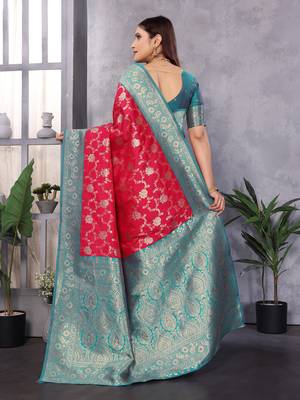 Red silk blend zari zaal weaving banarasi saree with contrast blouse 3