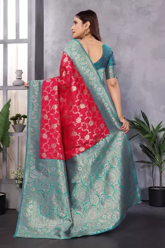 Red silk blend zari zaal weaving banarasi saree with contrast blouse
