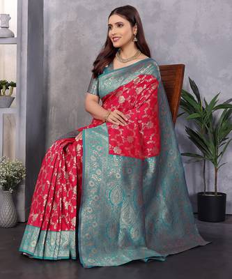 Red silk blend zari zaal weaving banarasi saree with contrast blouse 4