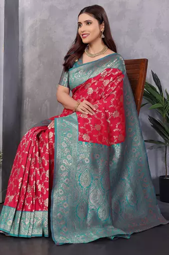 Red silk blend zari zaal weaving banarasi saree with contrast blouse