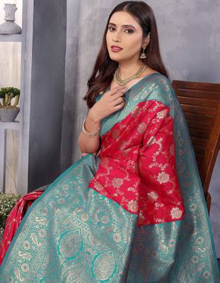 Red silk blend zari zaal weaving banarasi saree with contrast blouse 5