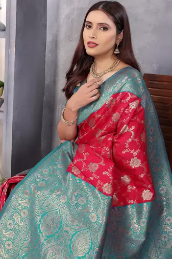 Red silk blend zari zaal weaving banarasi saree with contrast blouse