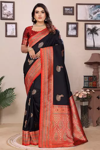 Black silk blend zari butta weaving banarasi saree with contrast pallu and blouse