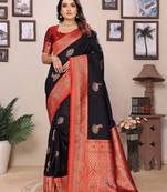 Black silk blend zari butta weaving banarasi saree with contrast pallu and blouse