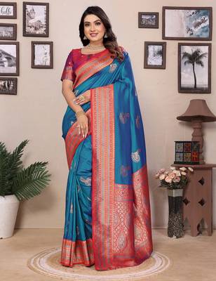 Royal blue silk blend zari butta weaving banarasi saree with contrast pallu and blouse 1