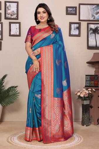 Royal blue silk blend zari butta weaving banarasi saree with contrast pallu and blouse