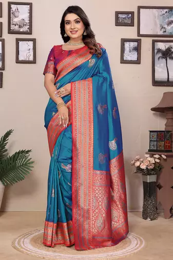 Royal blue silk blend zari butta weaving banarasi saree with contrast pallu and blouse