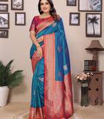 Royal blue silk blend zari butta weaving banarasi saree with contrast pallu and blouse