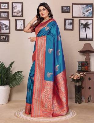 Royal blue silk blend zari butta weaving banarasi saree with contrast pallu and blouse 2