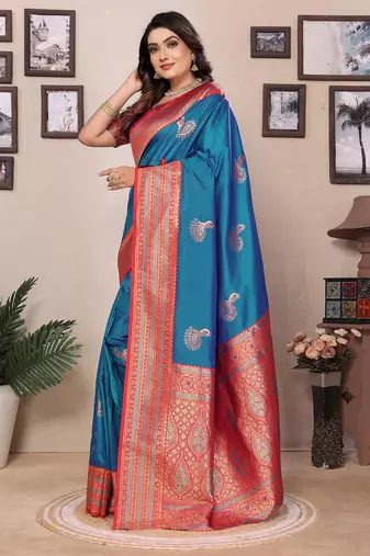 Royal blue silk blend zari butta weaving banarasi saree with contrast pallu and blouse