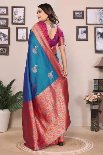 Royal blue silk blend zari butta weaving banarasi saree with contrast pallu and blouse