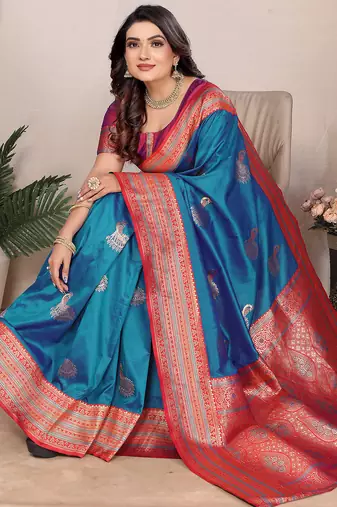 Royal blue silk blend zari butta weaving banarasi saree with contrast pallu and blouse
