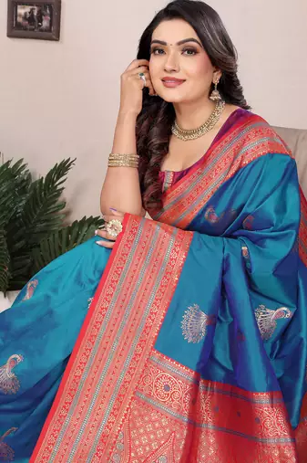 Royal blue silk blend zari butta weaving banarasi saree with contrast pallu and blouse