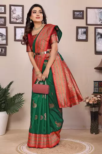 Green silk blend zari butta weaving banarasi saree with contrast pallu and blouse
