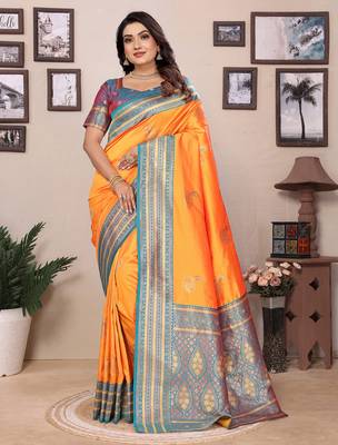Orange silk blend zari butta weaving banarasi saree with contrast pallu and blouse 1