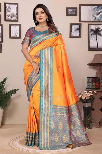 Orange silk blend zari butta weaving banarasi saree with contrast pallu and blouse