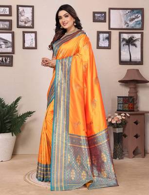 Orange silk blend zari butta weaving banarasi saree with contrast pallu and blouse 2